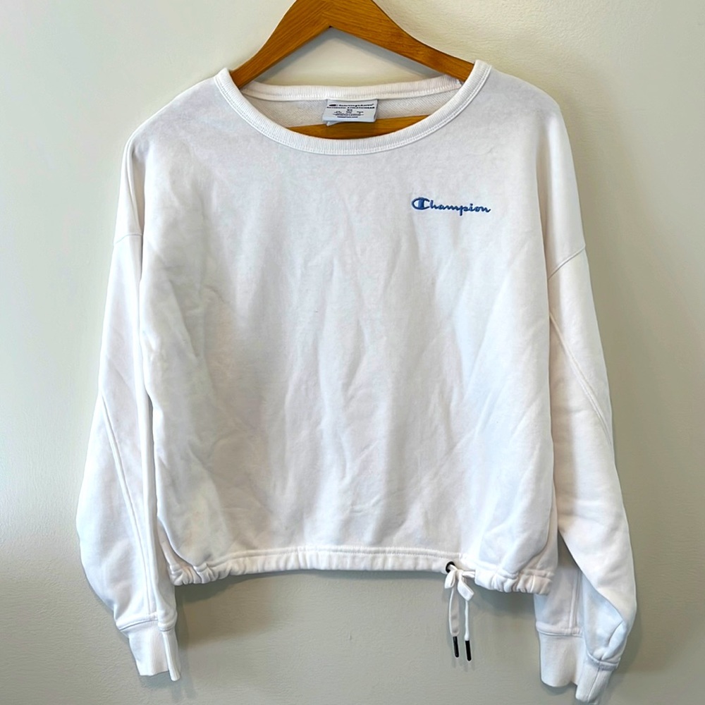 Champion women’s crew neck sweatshirt Ling crop with drawstring cinch size XS